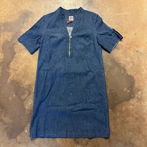 Anne Klein Denim Dress Gold‎ Zipper Roll Tab Sleeve Casual Career Size 4